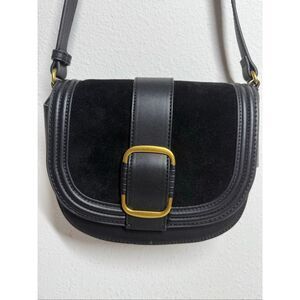 MANGO Black Solid Faux Suede Finish Buckle Detail Half Moon Sling Crossbody Bag